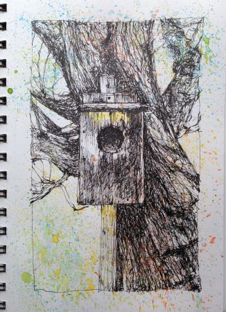 Ink and water soluble crayon, 5" x 7"