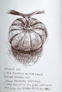 ink sketch of little pumpkin on the porch