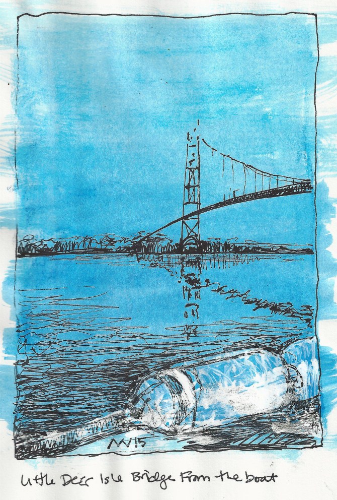 Water-soluble crayon and ink: View from the sailboat