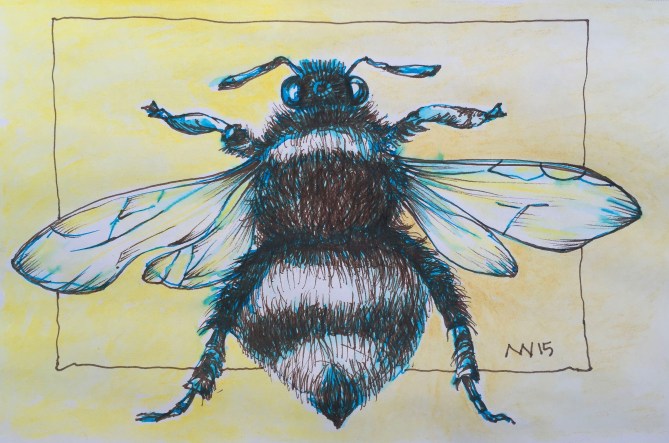 Fountain pen (light blue) and sepia ink pen with watercolor pencil