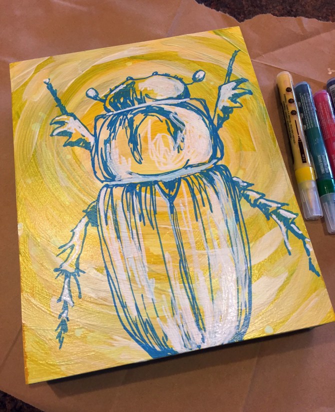 In progress: acrylic paint and acrylic markers