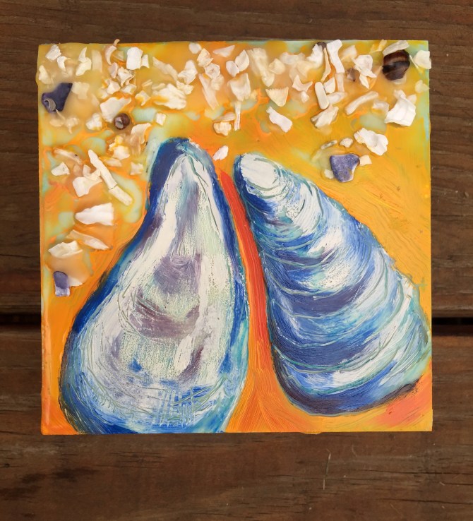 Oil Pigment stick and encaustic on wood panel.