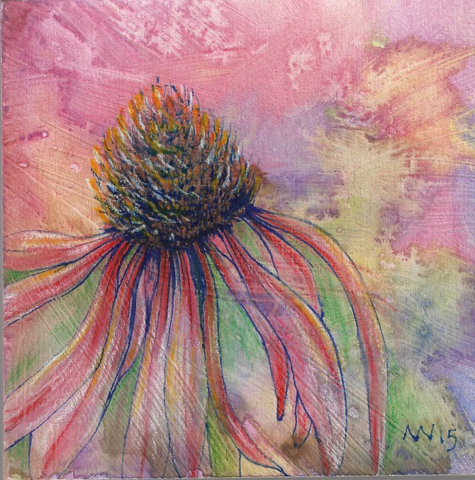Cone Flower: 4x4 on wood panel, watercolor and colored pencil