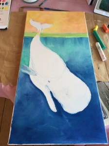 Beginning of larger painting with oil paint sticks on canvas.